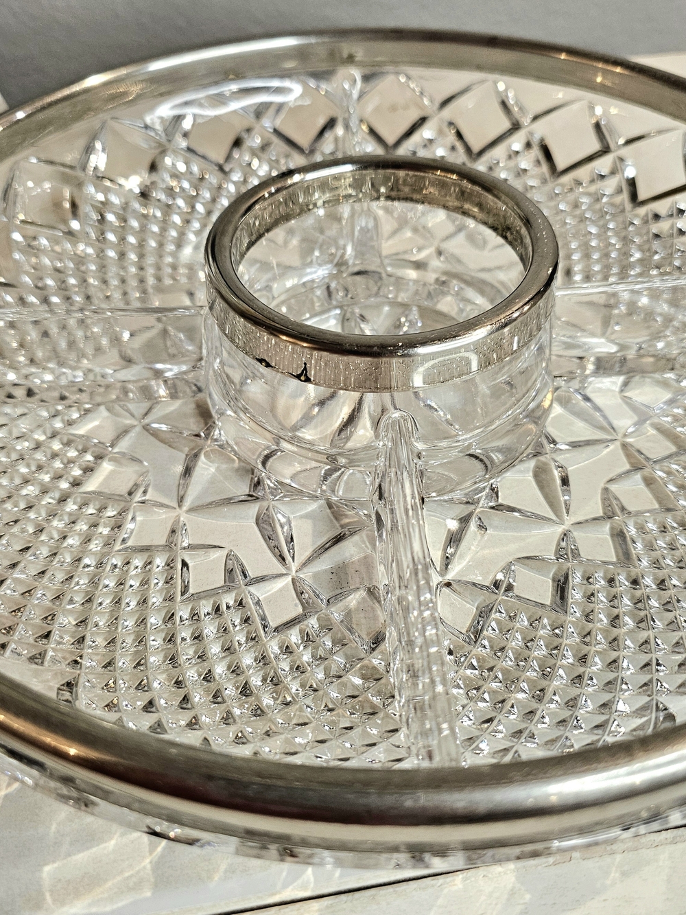 Cut Glass Divided Serving Tray Silver Rim Rogers Silver Crystal Serving Dish